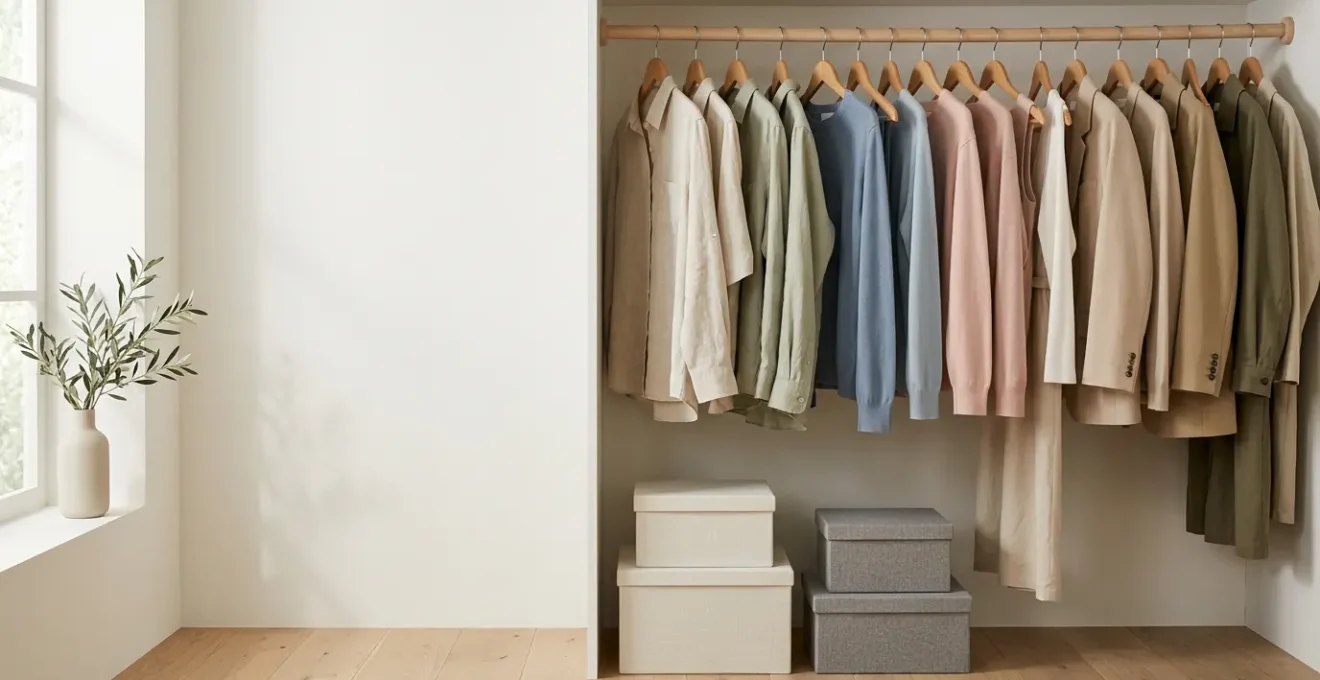 Vue d'ensemble d'une garde-robe organisée avec vêtements de saison printemps