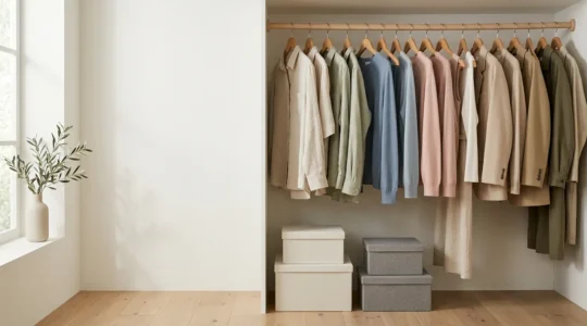 Vue d'ensemble d'une garde-robe organisée avec vêtements de saison printemps
