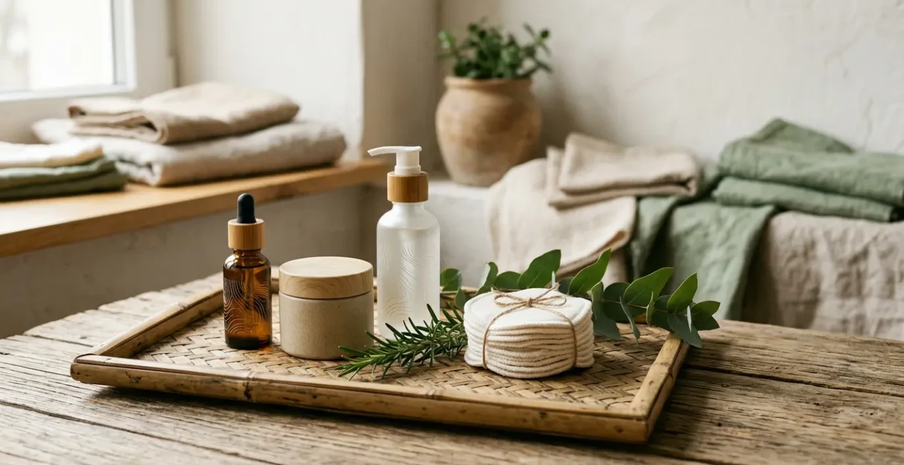 Mise en scène minimaliste d'une routine beauté éco-responsable avec éléments naturels et packaging durable