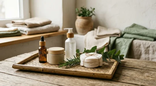 Mise en scène minimaliste d'une routine beauté éco-responsable avec éléments naturels et packaging durable