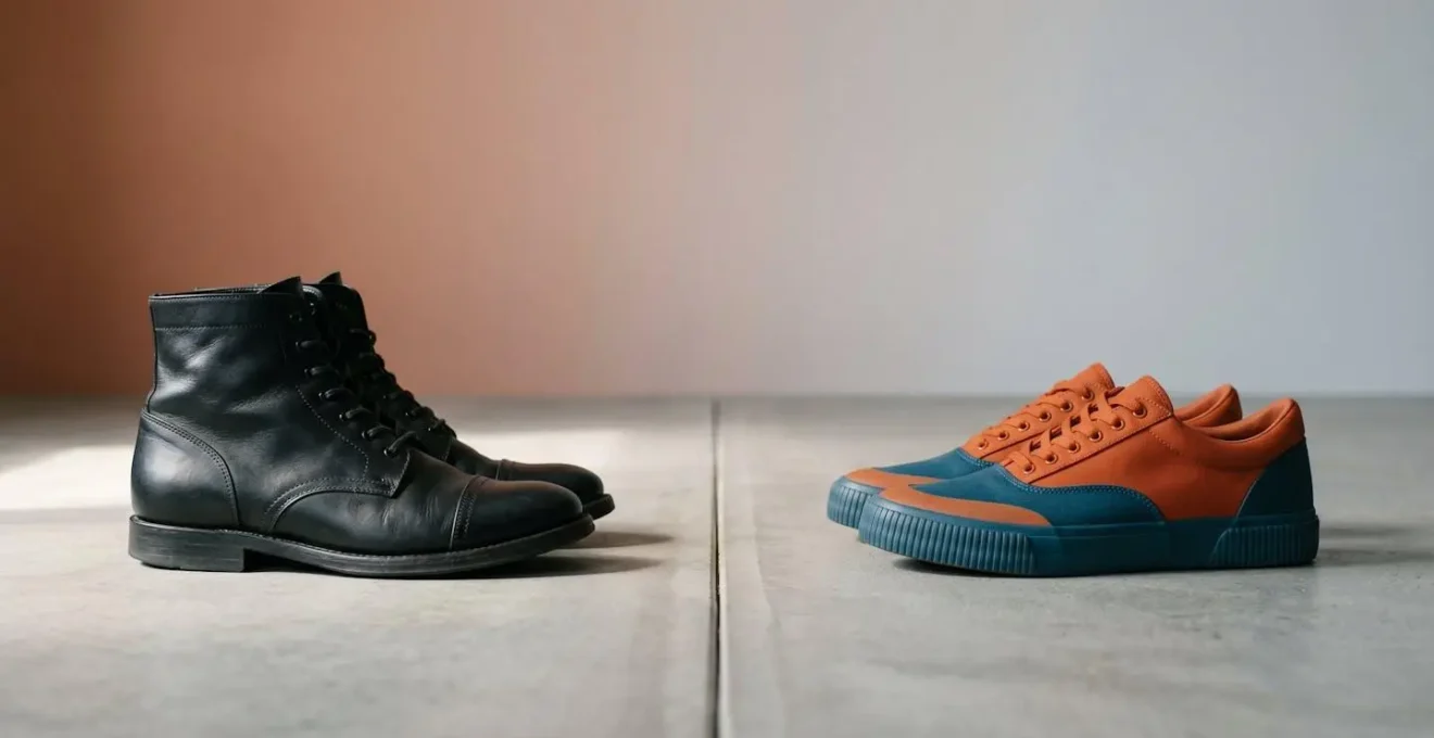 Composition symbolique représentant le choix stratégique entre différentes options de chaussures en période de soldes