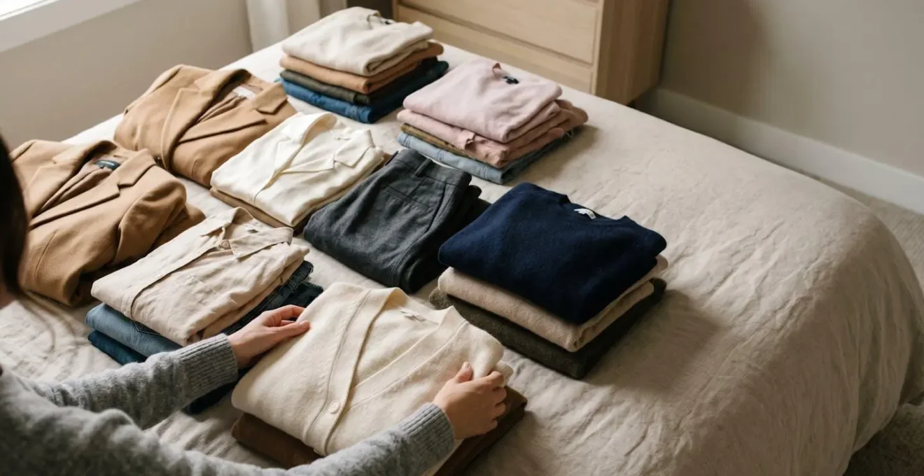 Vue aérienne d'un lit recouvert de vêtements soigneusement étalés pendant une session de tri de garde-robe