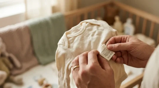 Inspection d'une étiquette de vêtement pour enfant certifié sans substances toxiques