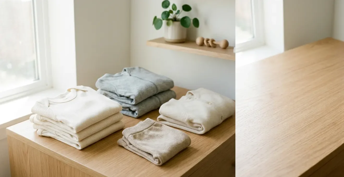 Vue d'ensemble d'une garde-robe capsule pour bébé présentant des vêtements essentiels en coton naturel disposés harmonieusement