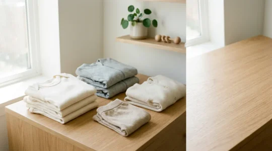 Vue d'ensemble d'une garde-robe capsule pour bébé présentant des vêtements essentiels en coton naturel disposés harmonieusement
